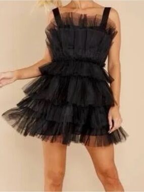 Storia Black Layered Tulle Mini dress size Medium satin ribbon straps zip prom